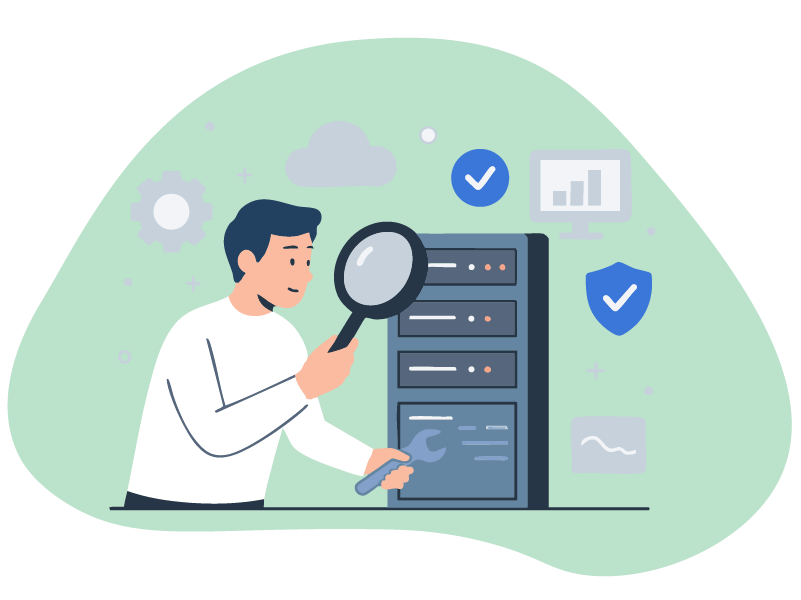 Someone checks whether the server is working properly after the update, illustrated by a person with a magnifying glass.