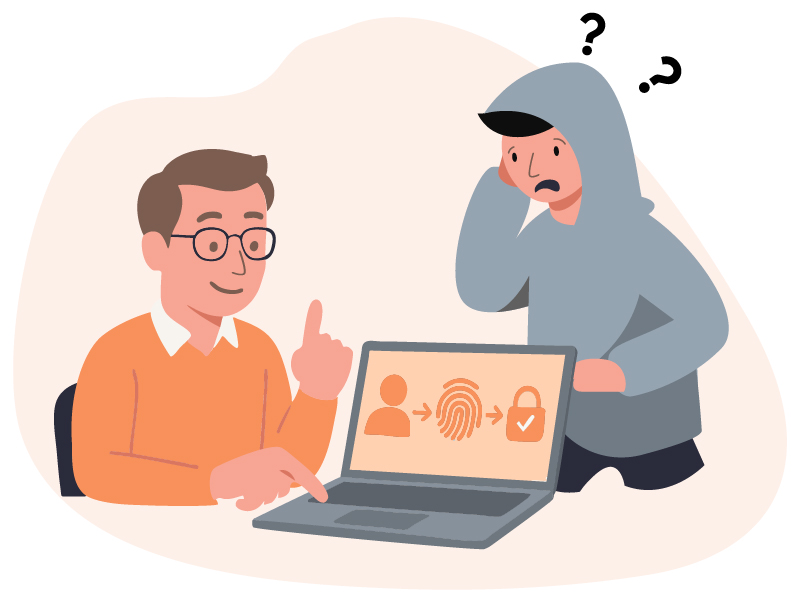 The picture shows a person using a biometric procedure to log in, to the astonishment of his colleagues