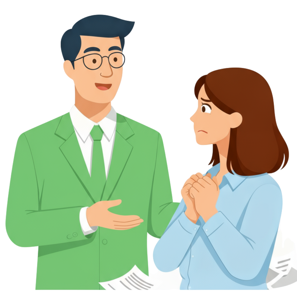 BeraterhilftFrau A consultant in a green suit helps an insecure entrepreneur to overcome her fear of NIS2 penalties and ensure compliance.
