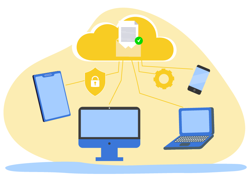 E-Mail_realiability Hybrid and cloud systems can significantly improve the accessibility of your systems. The image illustrates 100% accessibility on tablets, laptops, or mobile phones.