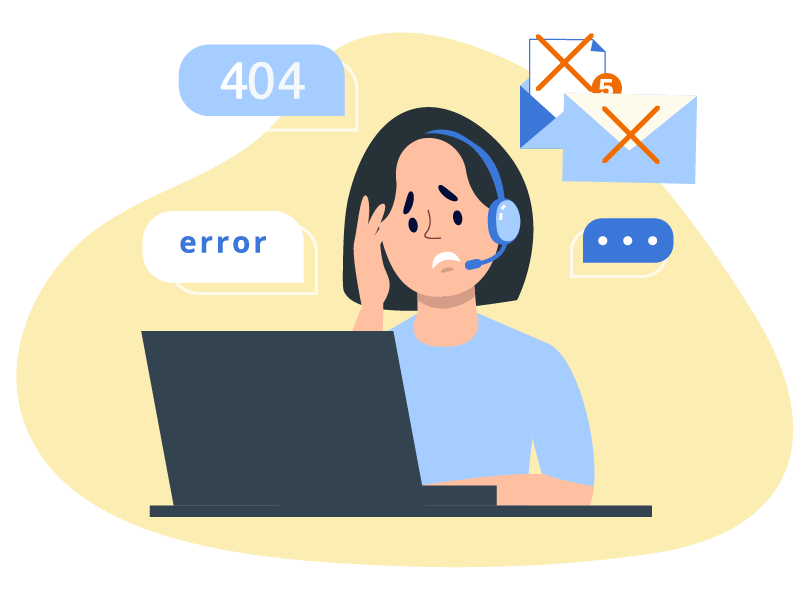 Email_self_hosting_problems A woman who is distressed because her internal email servers are unreachable. She is visibly stressed.