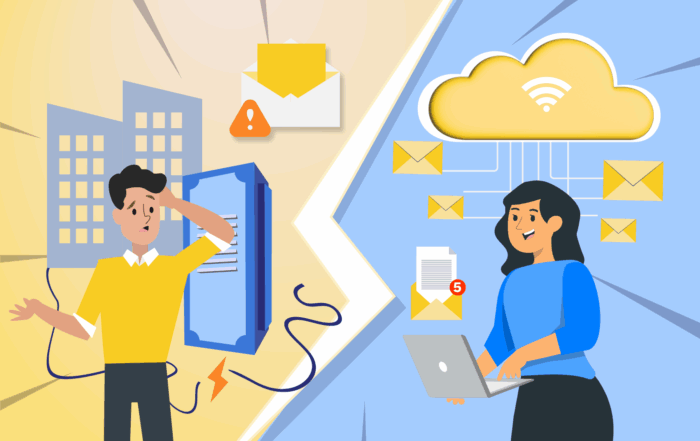 The Advantages and Disadvantages of Cloud Email Systems, Illustrated with 2 People.