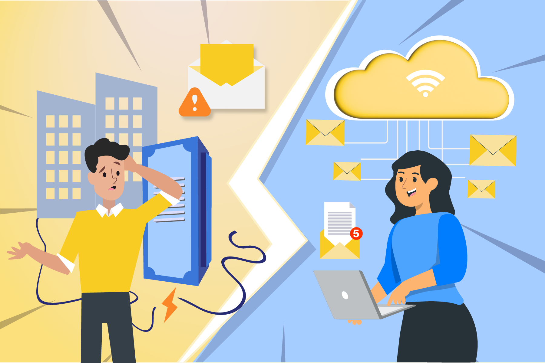 The Advantages and Disadvantages of Cloud Email Systems, Illustrated with 2 People.