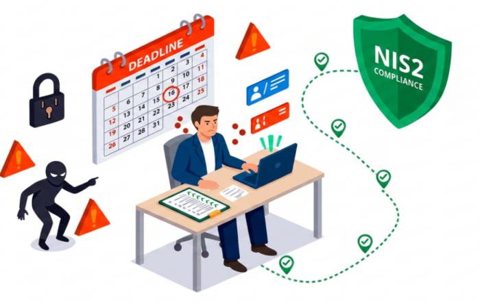 Illustration zur NIS2‑Compliance für KMU: Person arbeitet am Laptop unter Zeitdruck, während Sicherheitswarnungen und Angriffe sichtbar sind; ein Schutzschild symbolisiert Maßnahmen zur Einhaltung von IT‑Sicherheitsanforderungen.
