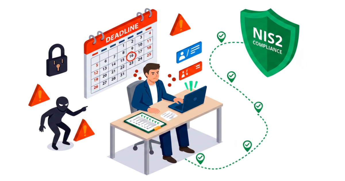 Illustration zur NIS2‑Compliance für KMU: Person arbeitet am Laptop unter Zeitdruck, während Sicherheitswarnungen und Angriffe sichtbar sind; ein Schutzschild symbolisiert Maßnahmen zur Einhaltung von IT‑Sicherheitsanforderungen.