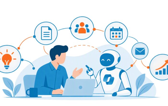 Mitarbeitender arbeitet mit Microsoft Copilot Cowork zusammen und koordiniert Projekte, E-Mails, Besprechungen und Aufgaben.