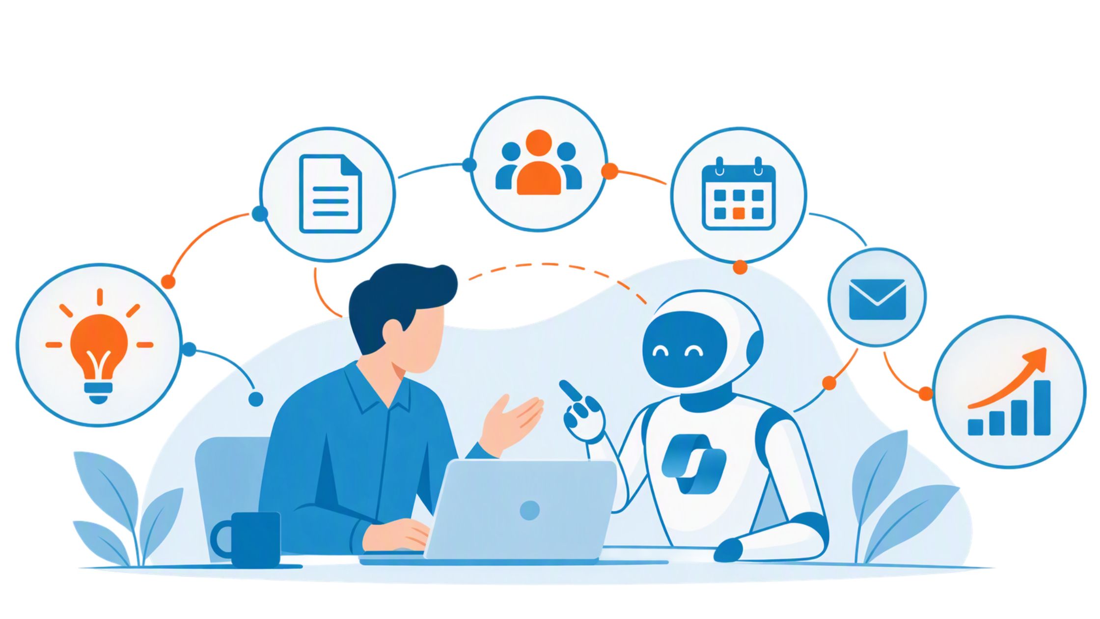Mitarbeitender arbeitet mit Microsoft Copilot Cowork zusammen und koordiniert Projekte, E-Mails, Besprechungen und Aufgaben.